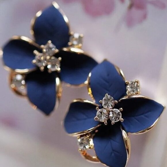 Flower Earring Blue Floral Gold Toned Simulated Diamonds - Picture 2 of 2